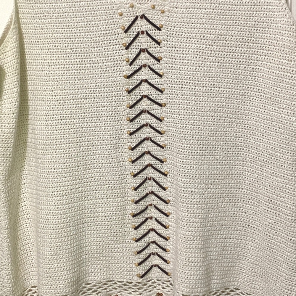 Y2K Evan-Picone Beaded Knit Tank Top L Cream Tribal‎ Military Gypsy Boho V-Neck - Picture 3 of 5